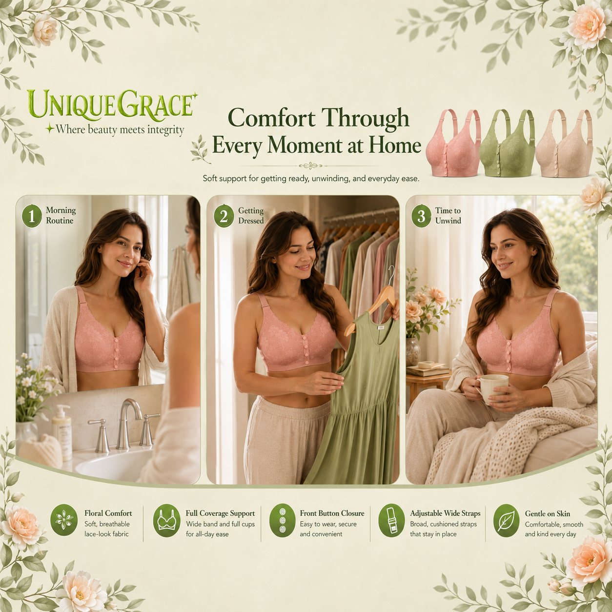 Floral Lace Front-Closure Comfort Bra | M–4XL
