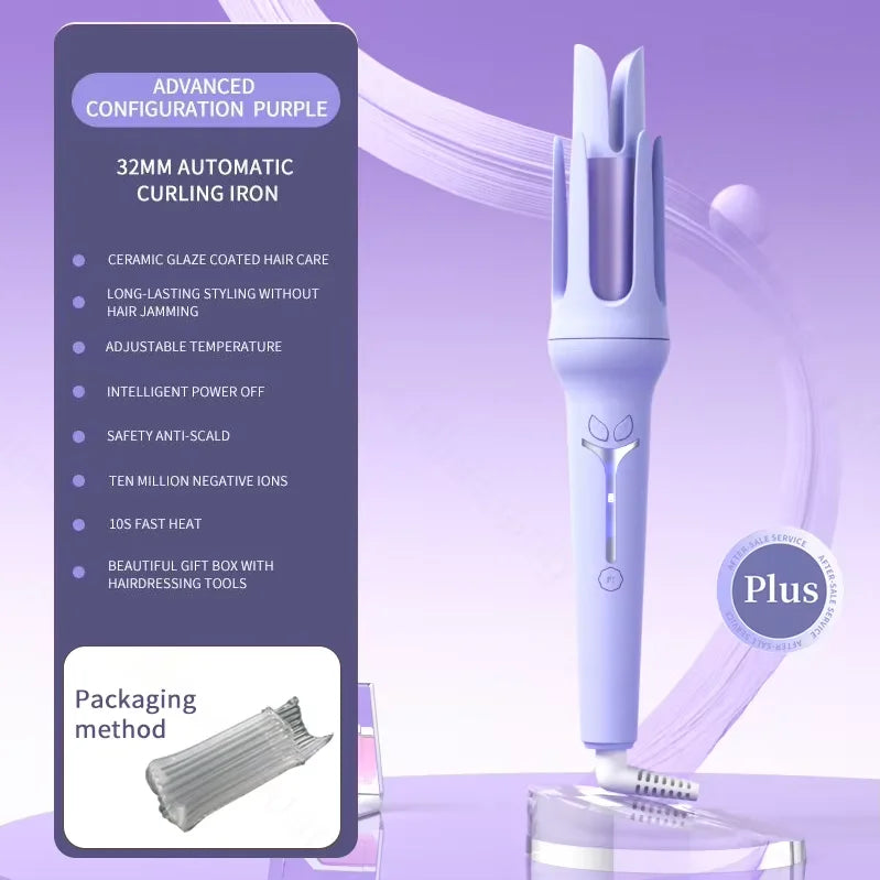 Luxury 32mm Automatic Curling Iron – Tourmaline Ceramic Rotating Hair Curler with Negative Ions, Anti-Scald Design, Dual Voltage & Gift Box Set