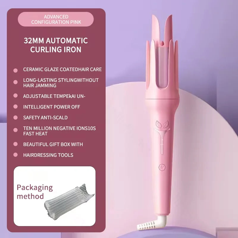 Luxury 32mm Automatic Curling Iron – Tourmaline Ceramic Rotating Hair Curler with Negative Ions, Anti-Scald Design, Dual Voltage & Gift Box Set