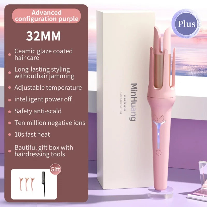 Luxury 32mm Automatic Curling Iron – Tourmaline Ceramic Rotating Hair Curler with Negative Ions, Anti-Scald Design, Dual Voltage & Gift Box Set