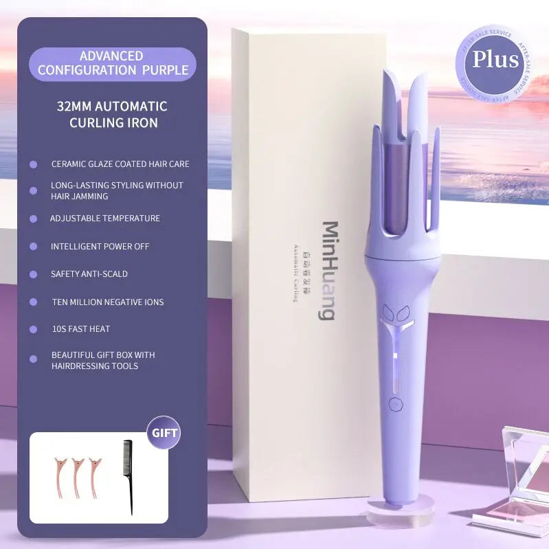 Luxury 32mm Automatic Curling Iron – Tourmaline Ceramic Rotating Hair Curler with Negative Ions, Anti-Scald Design, Dual Voltage & Gift Box Set
