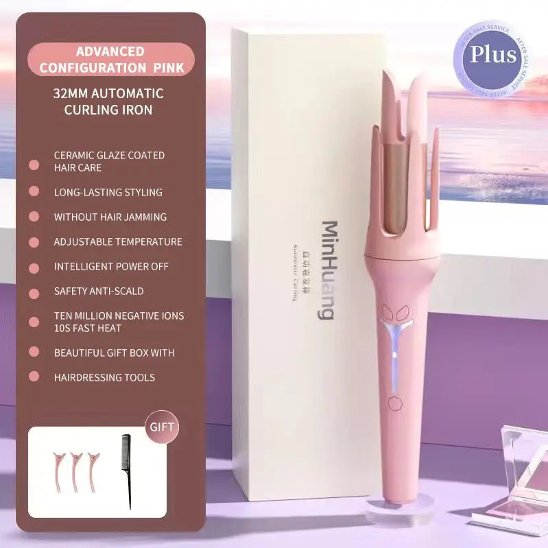 Luxury 32mm Automatic Curling Iron – Tourmaline Ceramic Rotating Hair Curler with Negative Ions, Anti-Scald Design, Dual Voltage & Gift Box Set