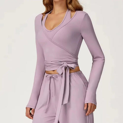 Women’s Long Sleeve Yoga Wrap Top – Slim Fit Pilates Shirt