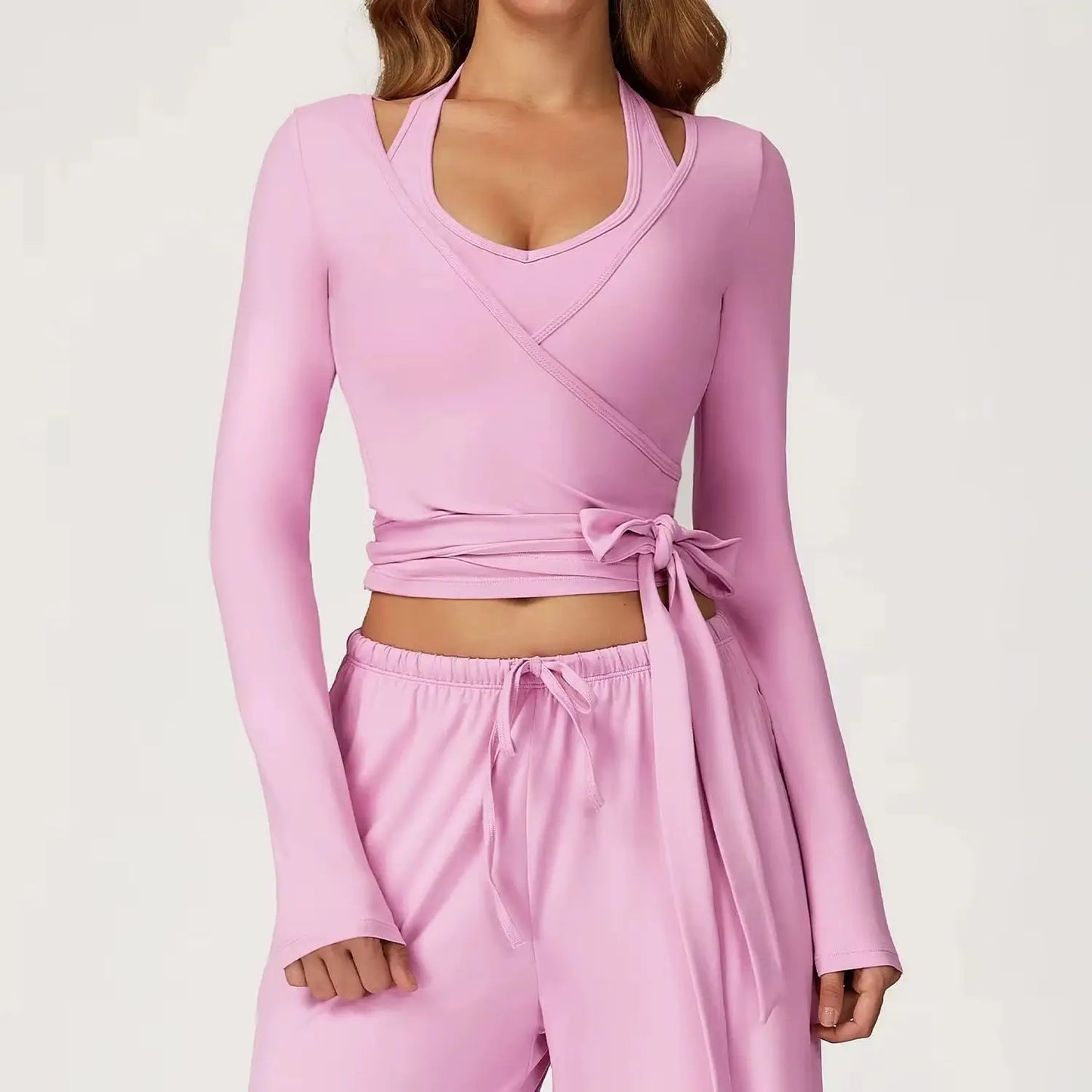 Women’s Long Sleeve Yoga Wrap Top – Slim Fit Pilates Shirt
