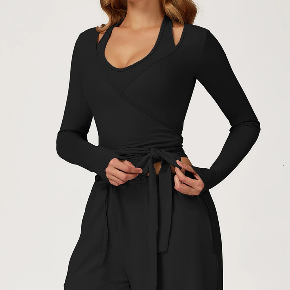Women’s Long Sleeve Yoga Wrap Top – Slim Fit Pilates Shirt