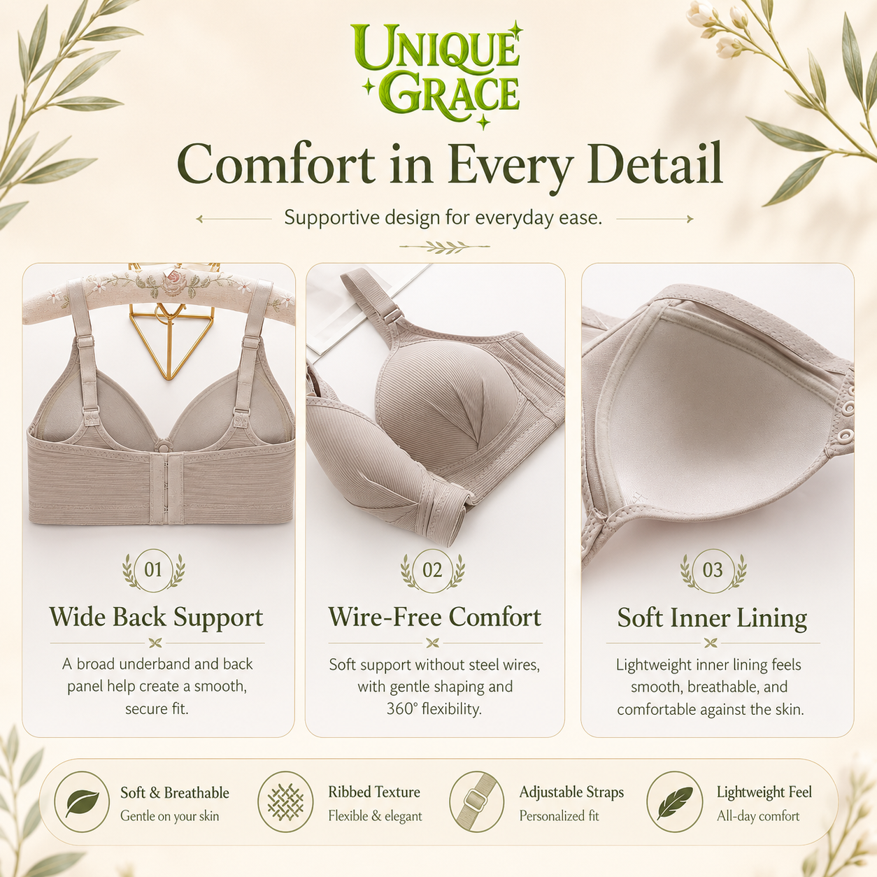 Soft Ribbed Wireless Push Up Bra High Elastic Front Buckle 3D Cups Breathable Comfort No Steel Ring Sizes M-XXXL
