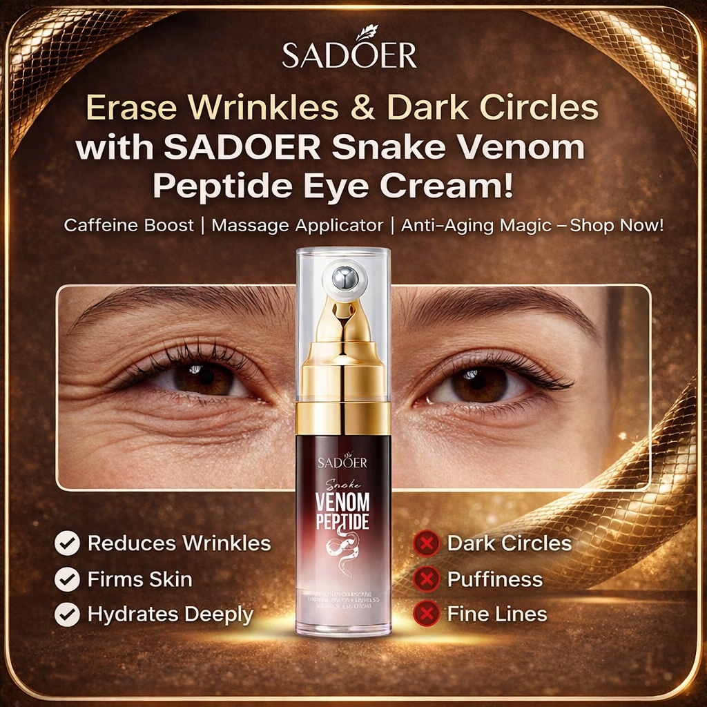 Advertisement for SADOER Snake Venom Peptide Eye Cream with product packaging and before-and-after effects on eyes.