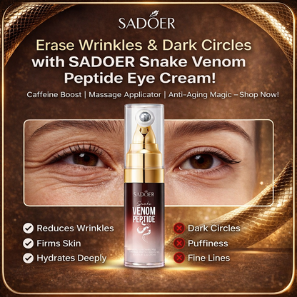Advertisement for SADOER Snake Venom Peptide Eye Cream with product packaging and before-and-after effects on eyes.