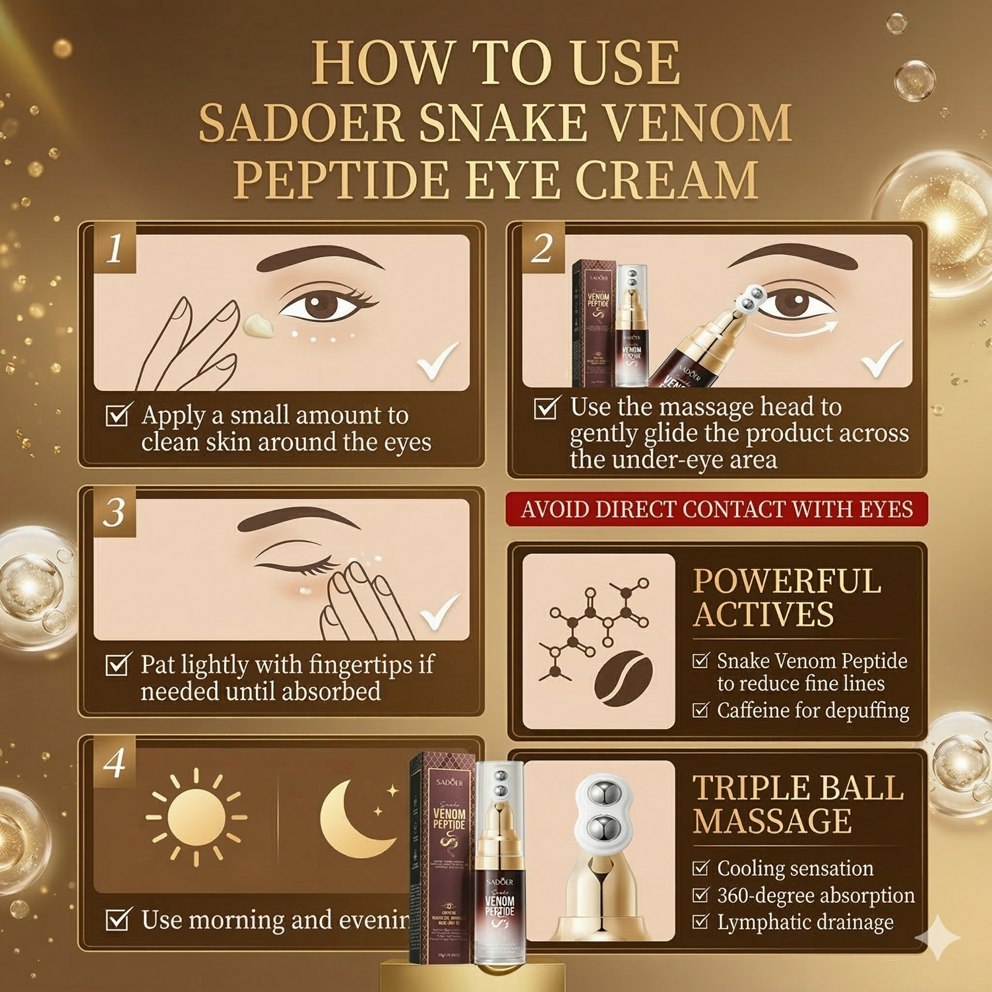 Instructions on how to use Sadoer Snake Venom Peptide Eye Cream with step-by-step illustrations and product packaging.