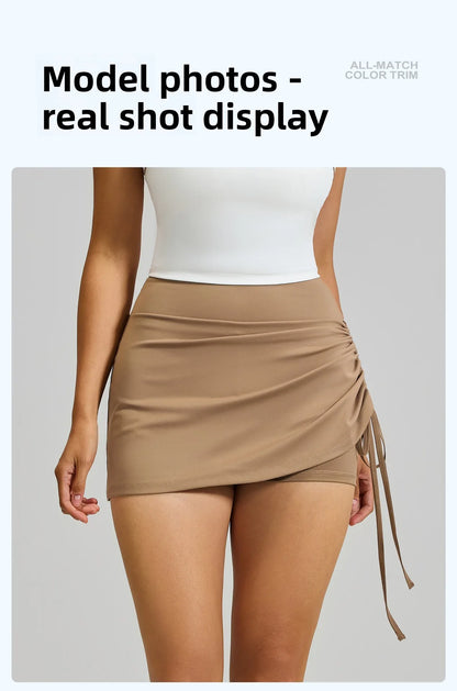 Ruched High-Waist Yoga Skirt with Built-In Safety Shorts