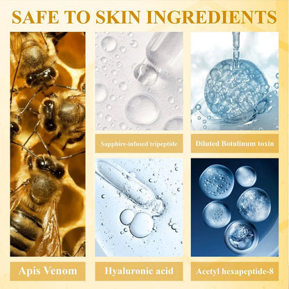 Collage of safe to skin ingredients including bees, sapphire-infused tripeptide, diluted botulinum toxin, hyaluronic acid, and acetyl hexapeptide-8.