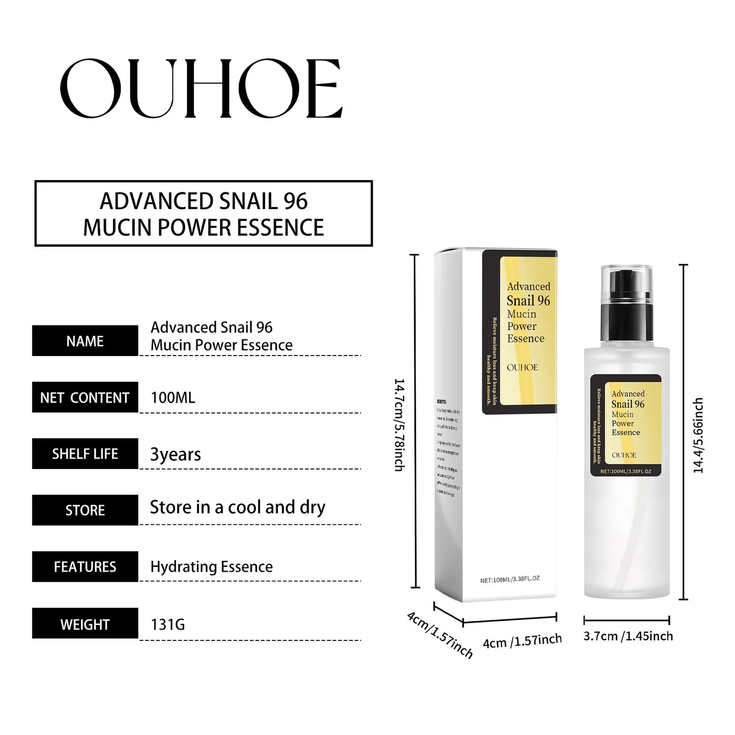 חילזון מתקדם של Ouhoe 96 Mucin Power Essence - הידרציה אינטנסיבית ותיקון עור (100 מ"ל)