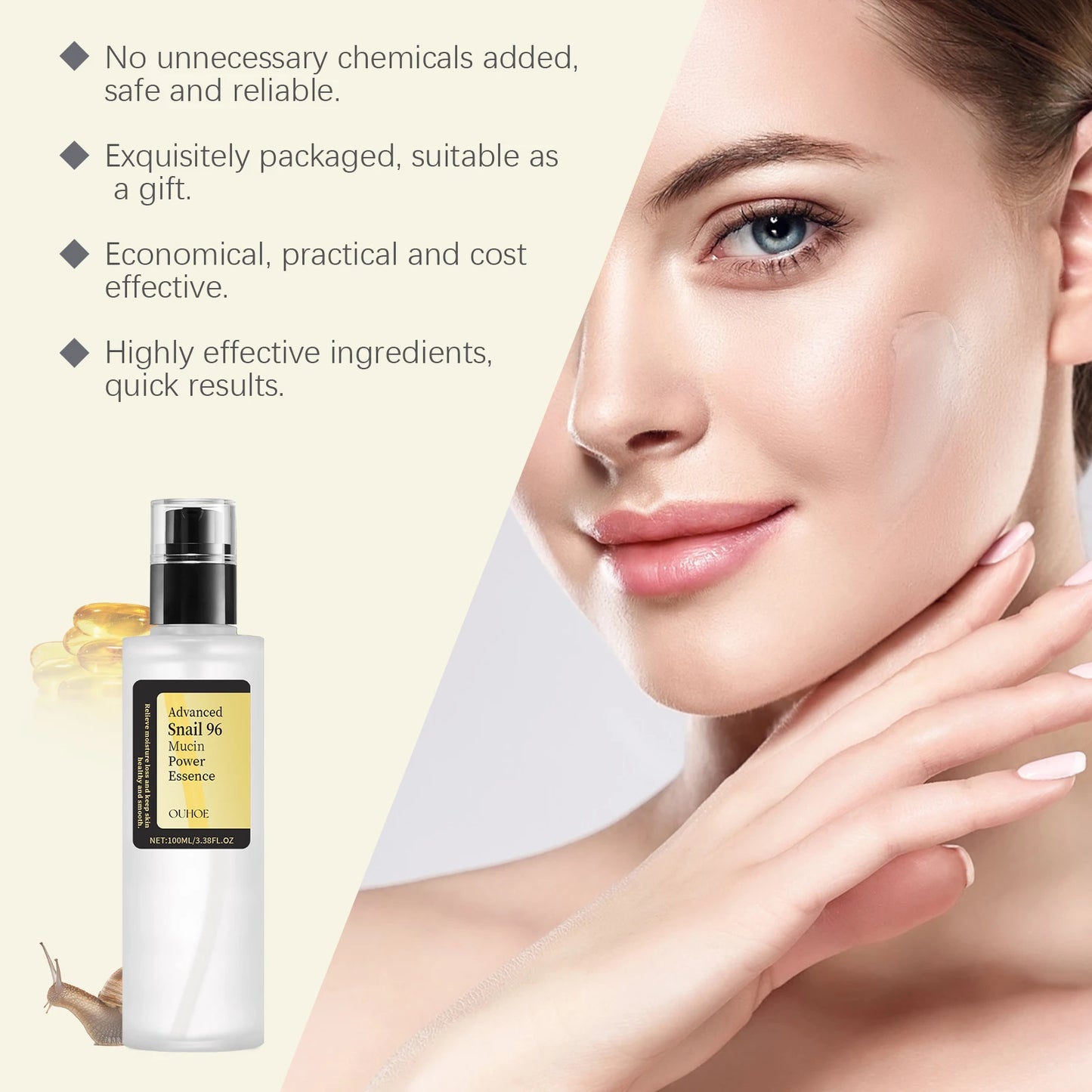 חילזון מתקדם של Ouhoe 96 Mucin Power Essence - הידרציה אינטנסיבית ותיקון עור (100 מ"ל)