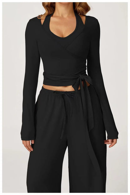 Women’s Long Sleeve Yoga Wrap Top – Slim Fit Pilates Shirt