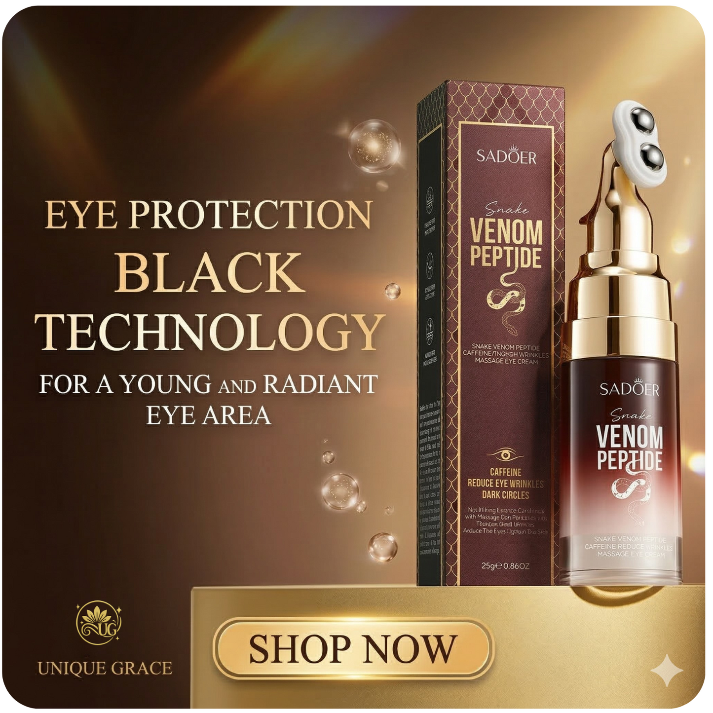 Sudér Venom Peptide eye serum packaging with promotional text on a dark background